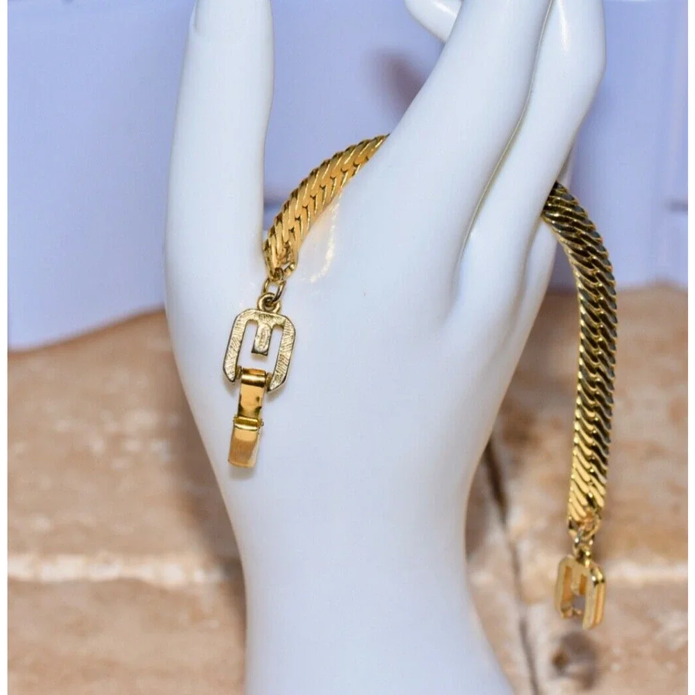 Vintage Givenchy Herringbone Gold Plated Chain Bracelet with Logo Clasp, 1980s